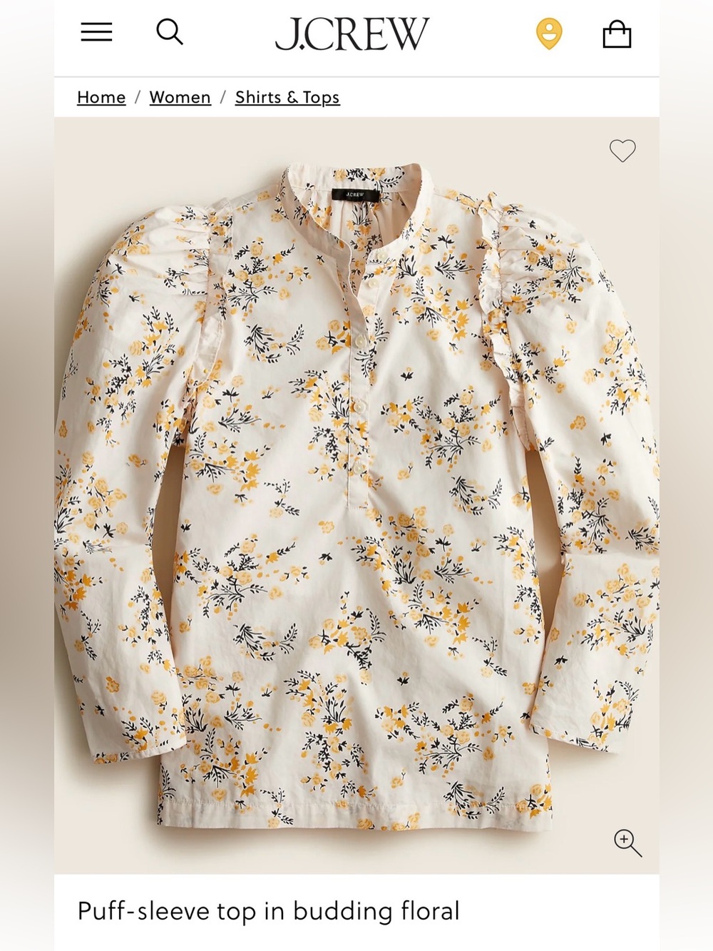 J. Crew Cream Floral Puff-Sleeve Popover Top with Yellow and Black Print
